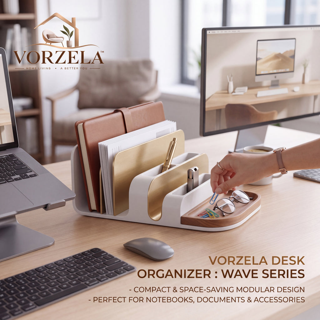 𝑽𝑶𝑹𝒁𝑬𝑳𝑨™ Wave Series Desk Organizer – Modern Multi-Tier Desktop Sorter & Storage Tray with Brushed Brass Accents & Wood Valet for Notebooks, Documents, Pens, and Accessories