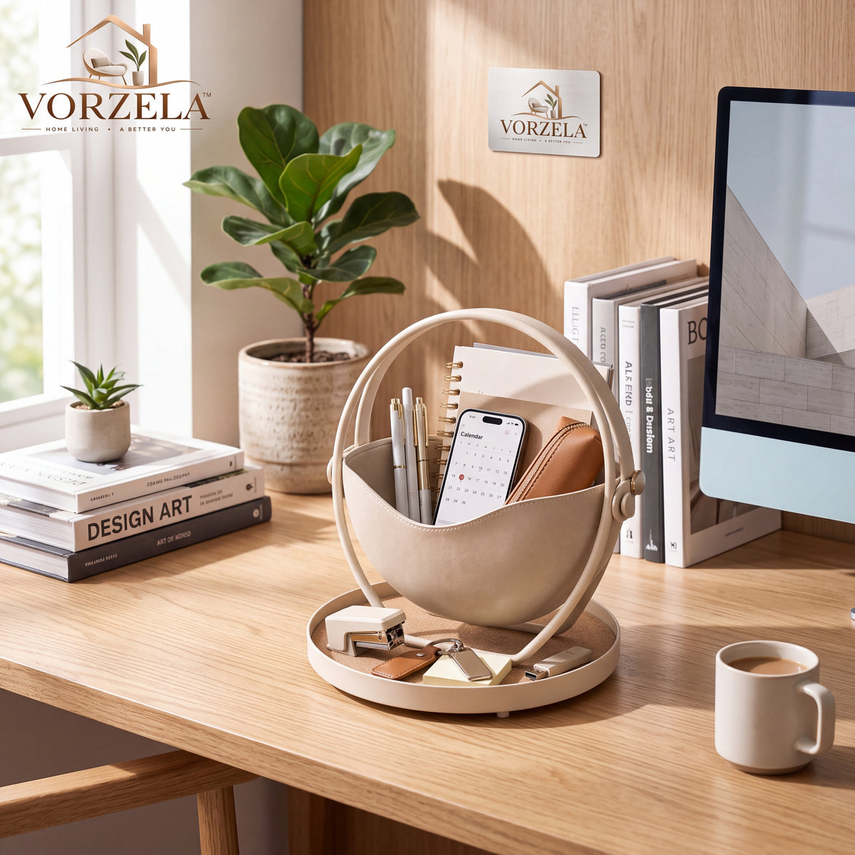 𝑽𝑶𝑹𝒁𝑬𝑳𝑨™ ORBIT Desk Organizer – Modern Vegan Leather & Metal Desktop Caddy with Catchall Base Tray, Aesthetic Pen & Notebook Holder for Home Office