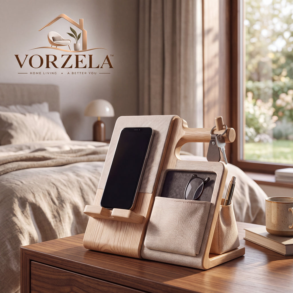 𝑽𝑶𝑹𝒁𝑬𝑳𝑨™ Sleek Bedside Valet & Desk Organizer – All-in-One Wooden Phone Stand, Watch Hanger, Glasses Tray & EDC Catchall Station for Nightstand & Office