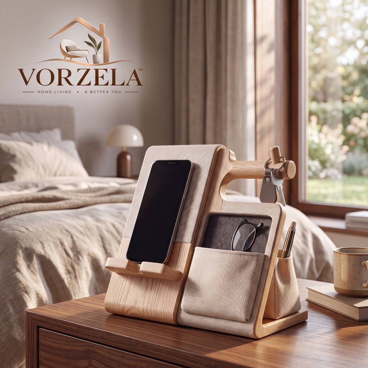 𝑽𝑶𝑹𝒁𝑬𝑳𝑨™ Sleek Bedside Valet & Desk Organizer – All-in-One Wooden Phone Stand, Watch Hanger, Glasses Tray & EDC Catchall Station for Nightstand & Office