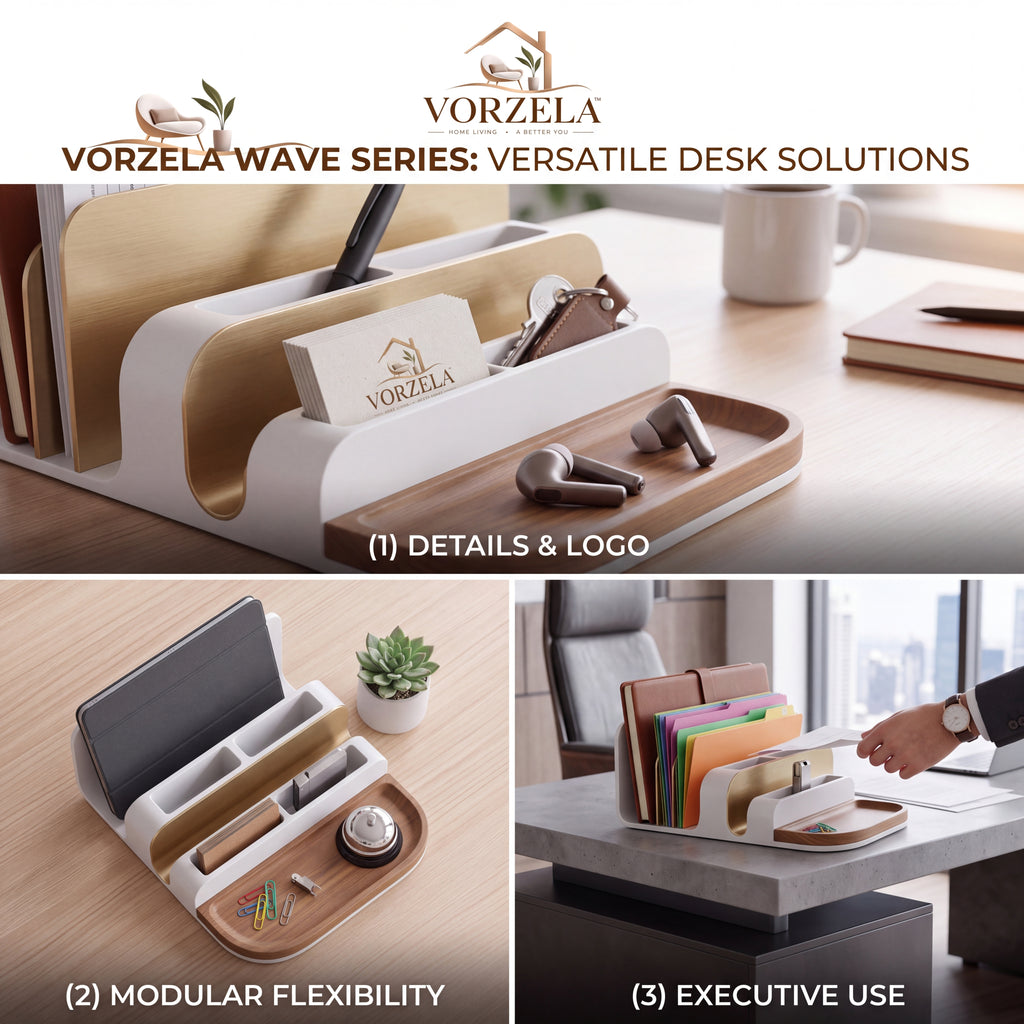 𝑽𝑶𝑹𝒁𝑬𝑳𝑨™ Wave Series Desk Organizer – Modern Multi-Tier Desktop Sorter & Storage Tray with Brushed Brass Accents & Wood Valet for Notebooks, Documents, Pens, and Accessories